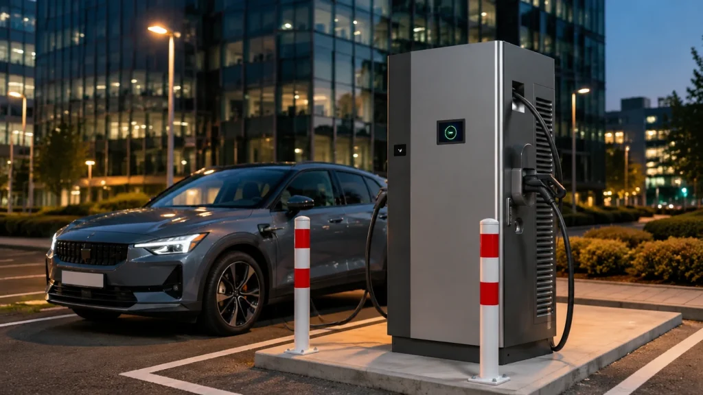 Electric vehicle plugged into a DC fast charger in an urban parking area at dusk with city lights