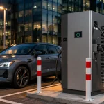 Electric vehicle plugged into a DC fast charger in an urban parking area at dusk with city lights