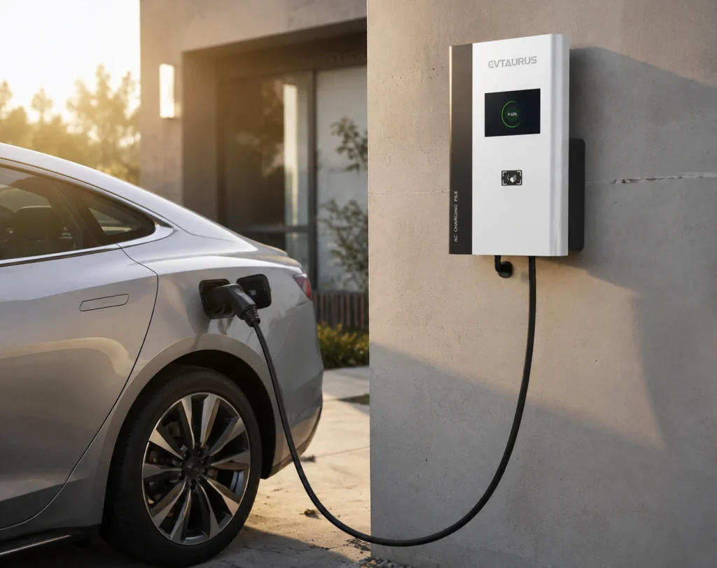 AC EV charger wallbox on a concrete wall with a silver sedan connected during golden hour