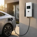 AC EV charger wallbox on a concrete wall with a silver sedan connected during golden hour