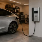 Silver electric sedan plugged into a wall-mounted Level 2 EV charger in a residential garage
