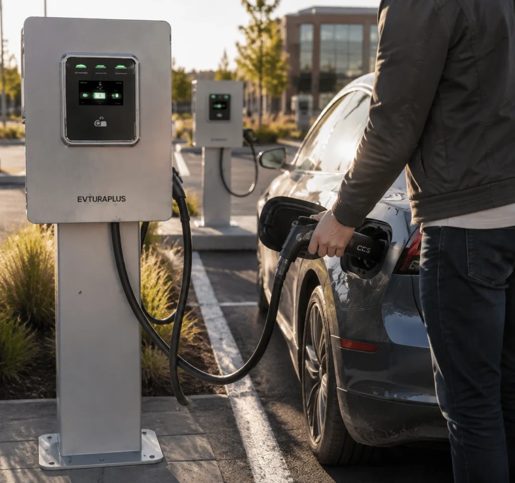 Person inserting a CCS charging gun into an electric sedan in a parking lot at sunset, with a charging station on the left