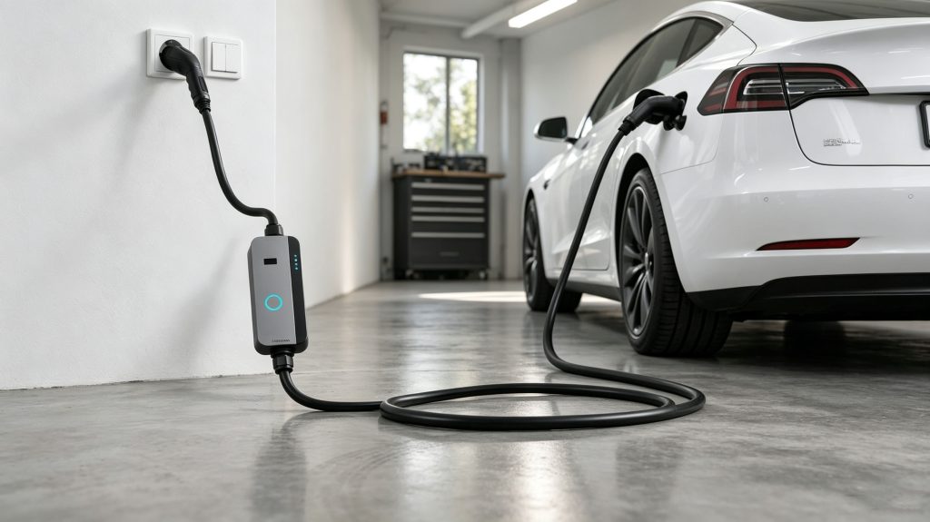 Low-angle view of IC-CPD control box of a portable EV charging station on concrete floor, connected to Schuko wall socket and Type 2 port of a white sedan