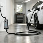 Low-angle view of IC-CPD control box of a portable EV charging station on concrete floor, connected to Schuko wall socket and Type 2 port of a white sedan