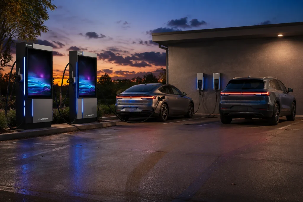 Commercial EV charging station with two DC fast chargers and two Level 2 chargers at dusk