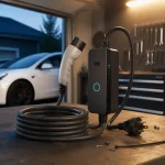 Compact Level 2 portable EV charger on a workbench with coiled cable and NEMA 14-50 plug