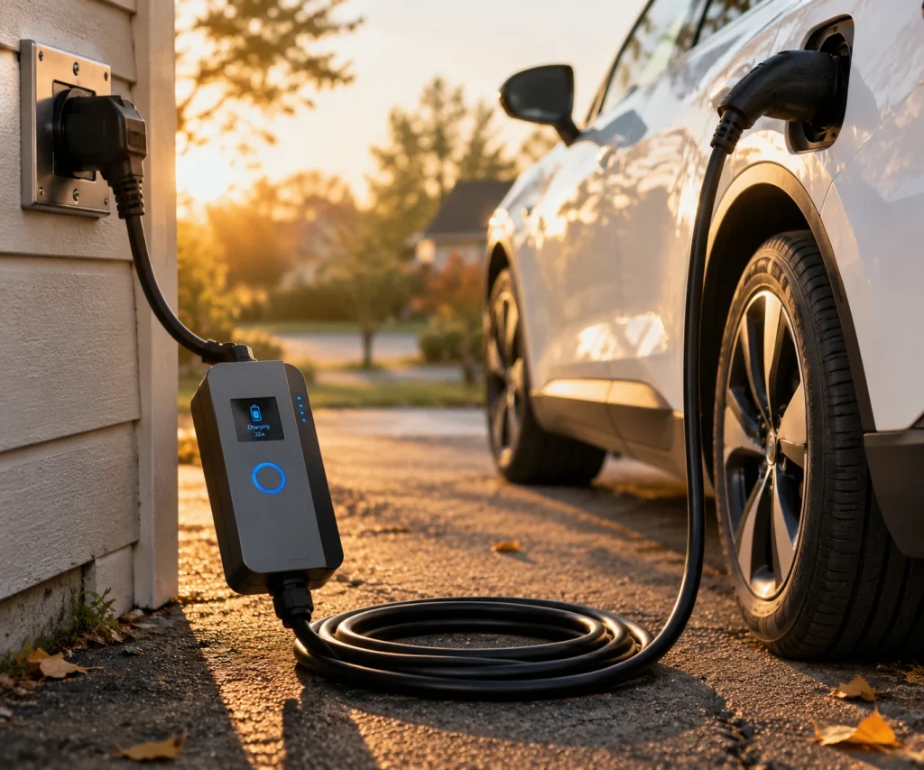 Compact black portable EV charger on a driveway connected to a white electric vehicle during golden hour, with a coiled cable and warm sunlight