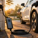 Compact black portable EV charger on a driveway connected to a white electric vehicle during golden hour, with a coiled cable and warm sunlight
