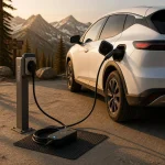 A white SUV parked at a mountain overlook being charged by a portable EV charger at sunset