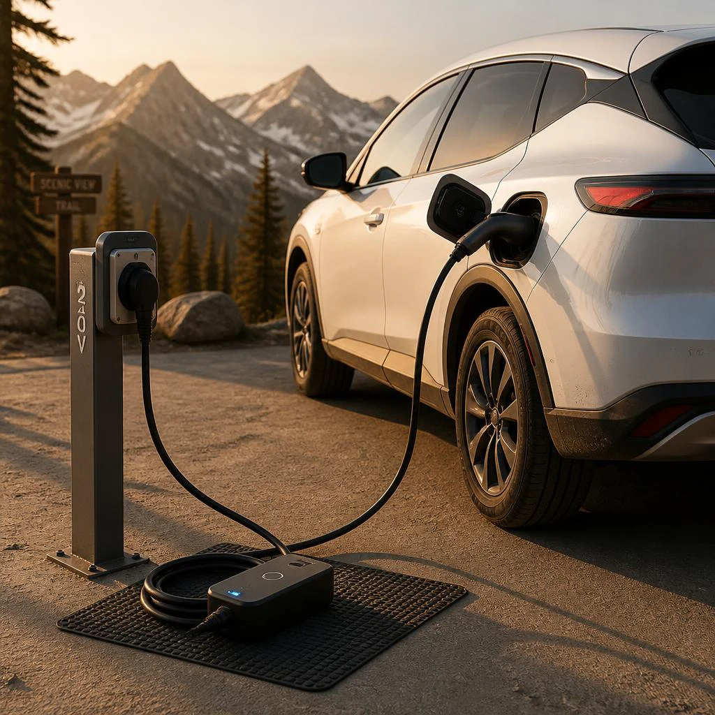 A white SUV parked at a mountain overlook being charged by a portable EV charger at sunset