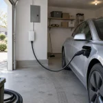 White wall-mounted CCS home charger plugged into a silver electric sedan in a tidy residential garage