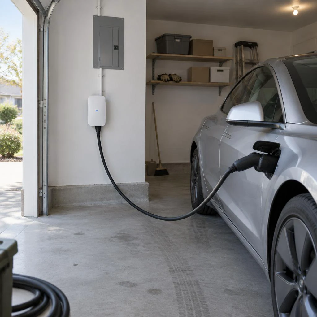 White wall-mounted CCS home charger plugged into a silver electric sedan in a tidy residential garage